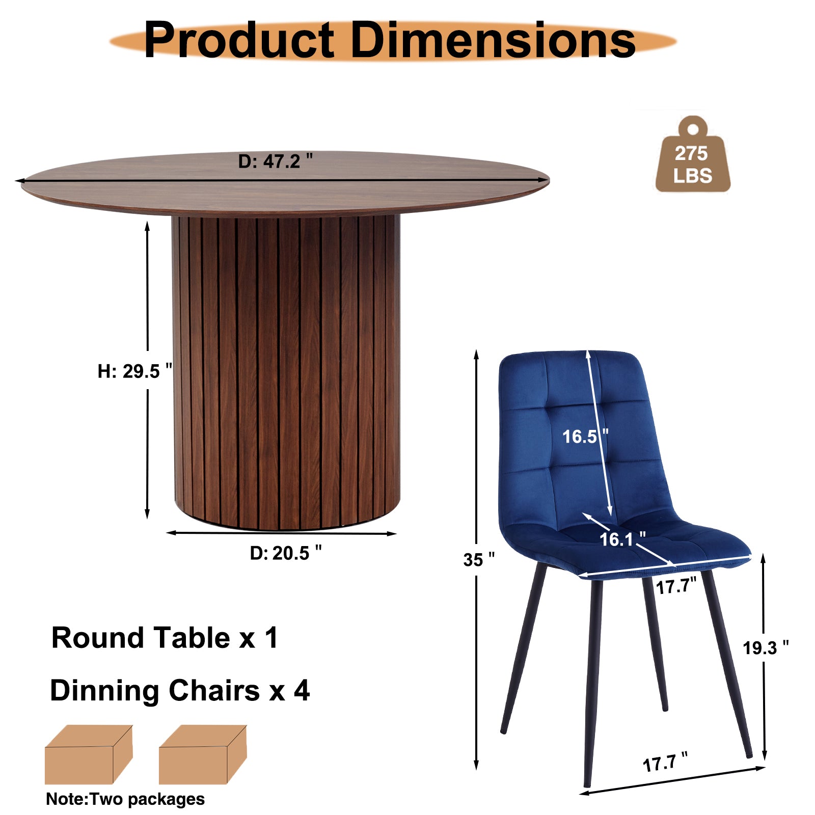 5 Piece Round Dining Table Set - Mid-Century 47 inch Brown Dining Table with 4 Blue Velvet Chairs Set, Dinner Table & Chair with Metal Legs for Kitchen Dining Room, Apartment, Bedroom