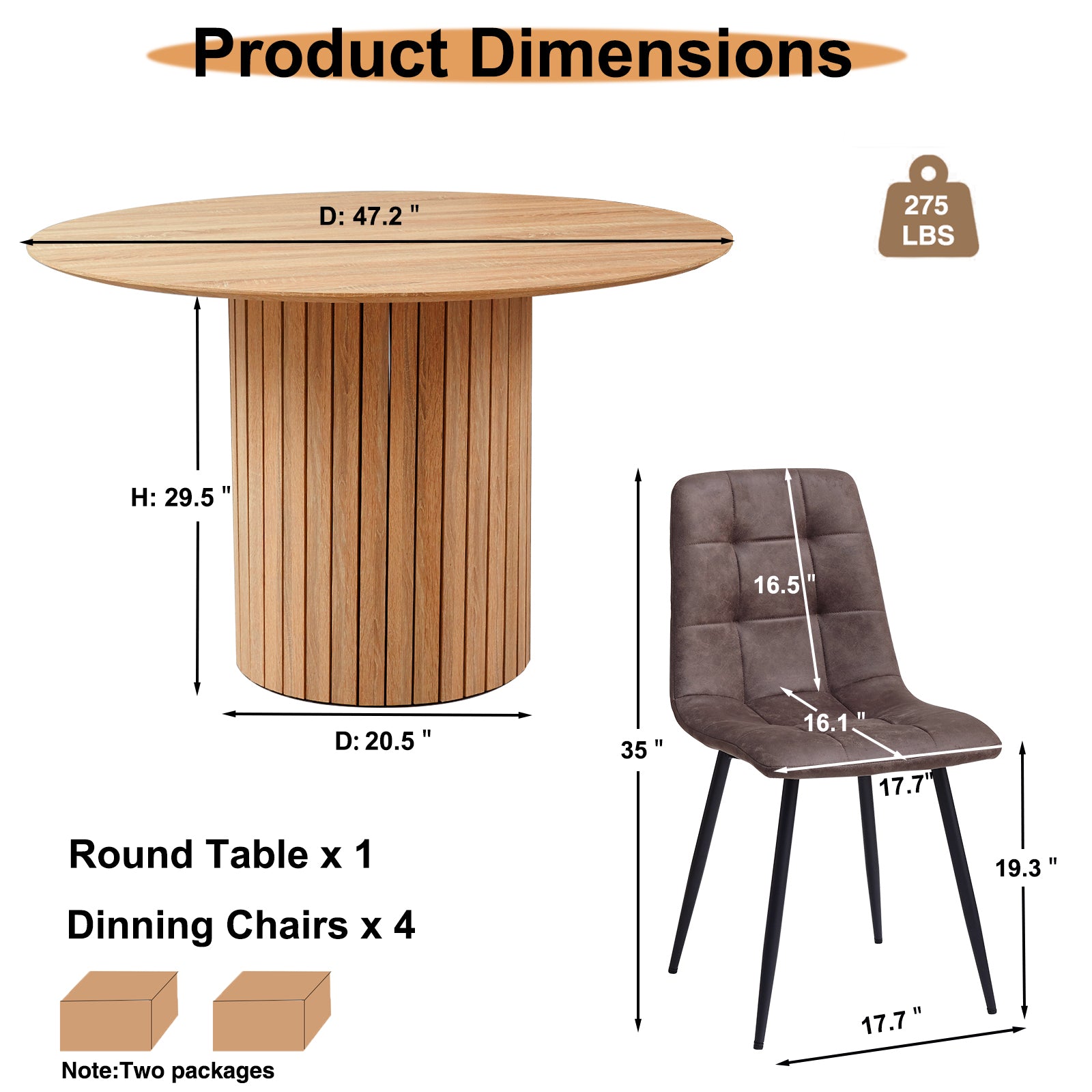5 Piece Round Dining Table Set - Mid-Century 47 inch Oak Dining Table with 4 Brown Faux Leather Chairs Set, Dinner Table & Chair with Metal Legs for Kitchen Dining Room, Apartment, Bedroom
