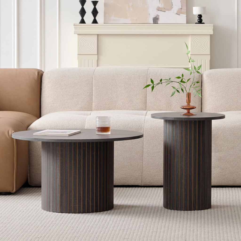 Round Nesting Coffee Tables Set of 2, Boho Wood Circle Side Table Fluted Drum, Farmhouse End Table for Living Room Bedroom, Apartment(Black)