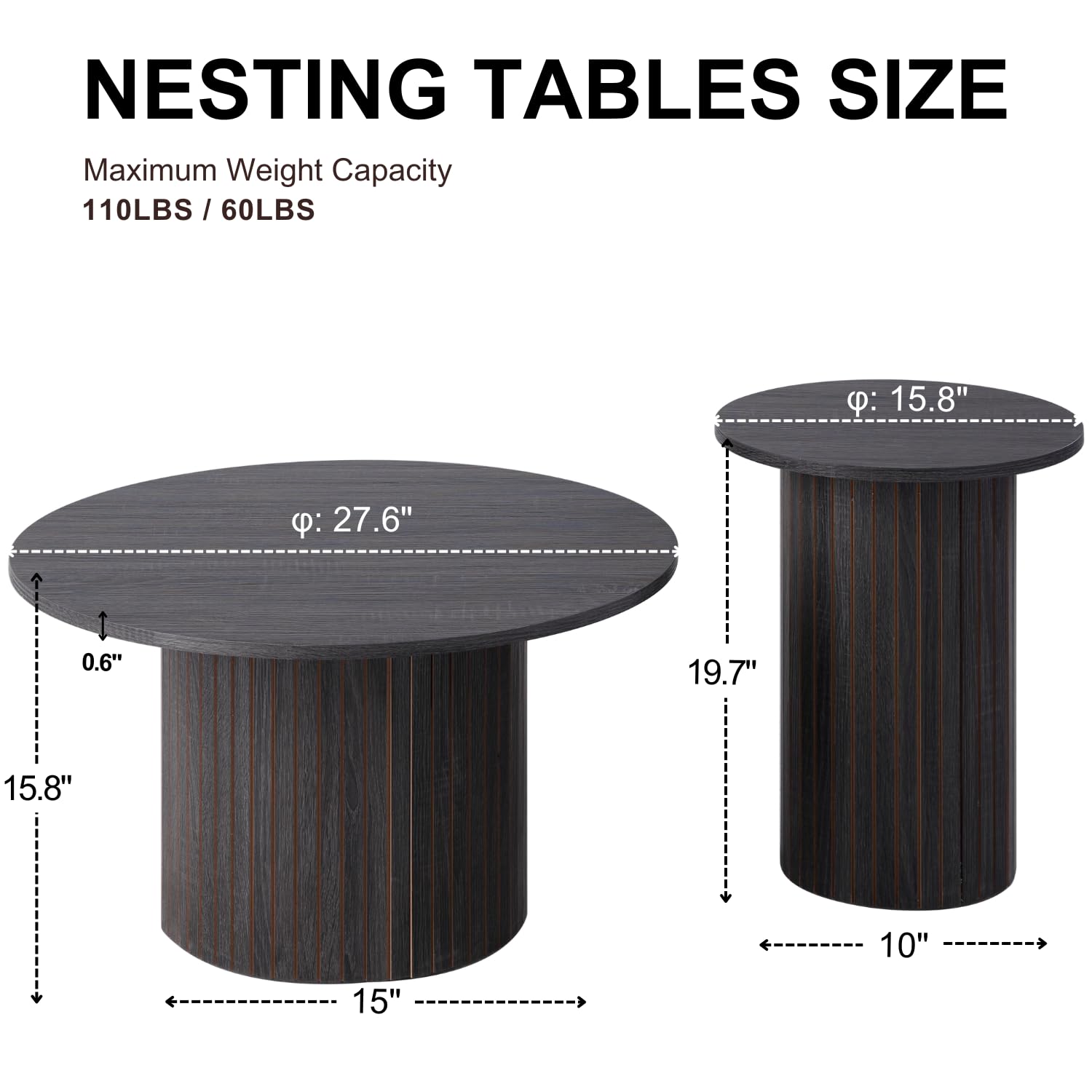 Round Nesting Coffee Tables Set of 2, Boho Wood Circle Side Table Fluted Drum, Farmhouse End Table for Living Room Bedroom, Apartment(Black)