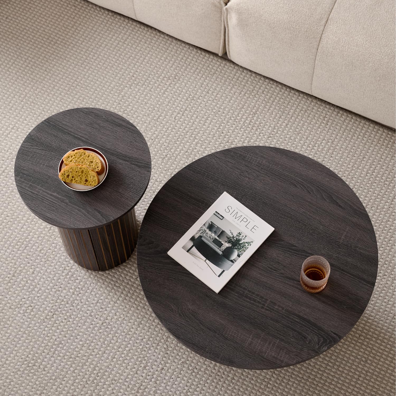 Round Nesting Coffee Tables Set of 2, Boho Wood Circle Side Table Fluted Drum, Farmhouse End Table for Living Room Bedroom, Apartment(Black)