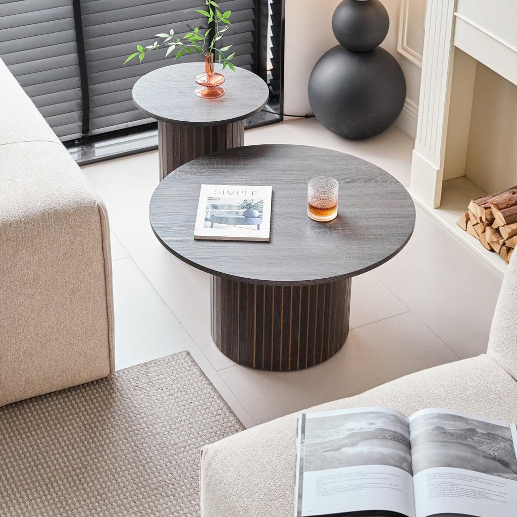 Round Nesting Coffee Tables Set of 2, Boho Wood Circle Side Table Fluted Drum, Farmhouse End Table for Living Room Bedroom, Apartment(Black)