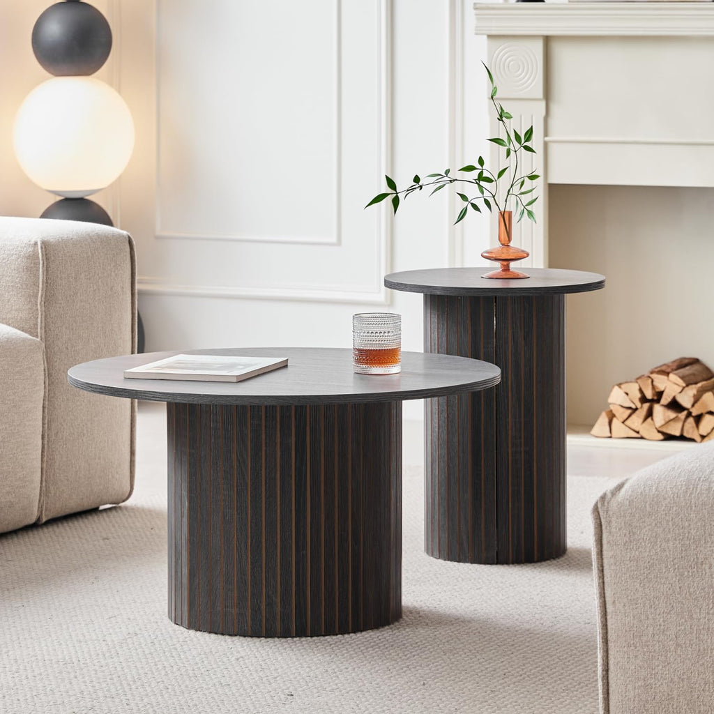 Round Nesting Coffee Tables Set of 2, Boho Wood Circle Side Table Fluted Drum, Farmhouse End Table for Living Room Bedroom, Apartment(Black)