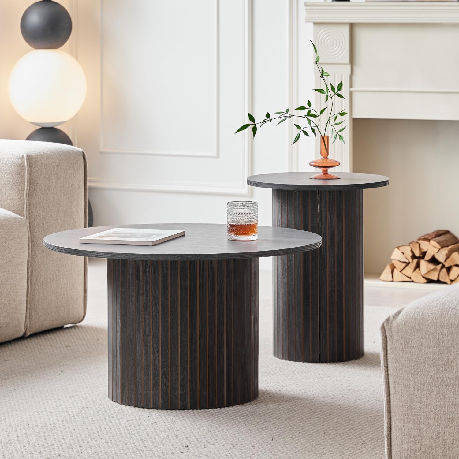 Round Nesting Coffee Tables Set of 2, Boho Wood Circle Side Table Fluted Drum, Farmhouse End Table for Living Room Bedroom, Apartment(Black)