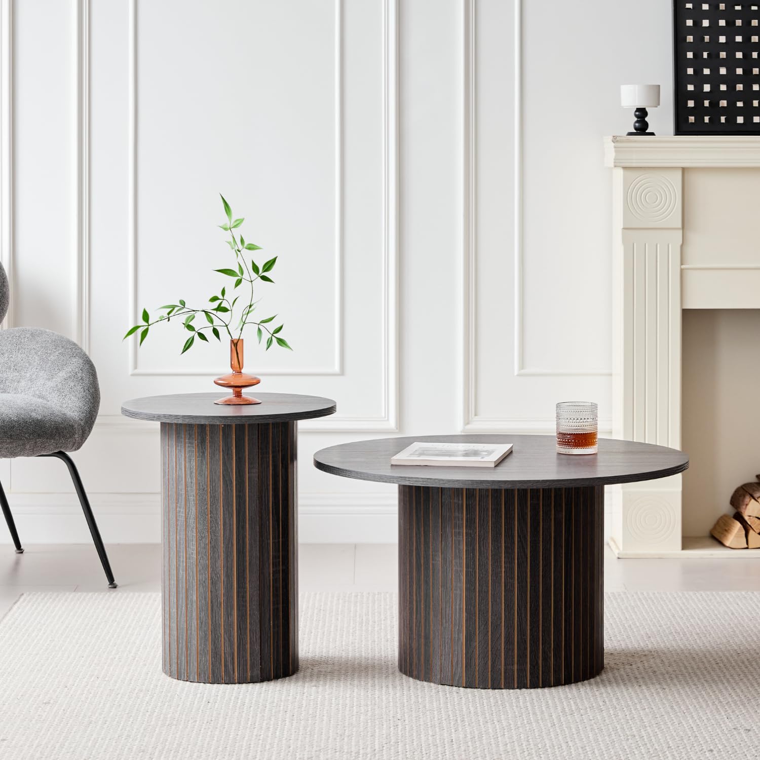 Round Nesting Coffee Tables Set of 2, Boho Wood Circle Side Table Fluted Drum, Farmhouse End Table for Living Room Bedroom, Apartment(Black)