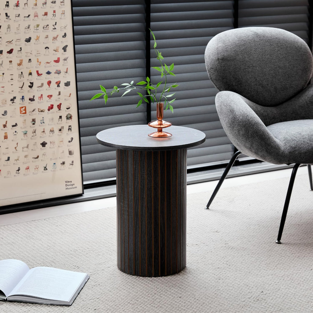 Round Nesting Coffee Tables Set of 2, Boho Wood Circle Side Table Fluted Drum, Farmhouse End Table for Living Room Bedroom, Apartment(Black)