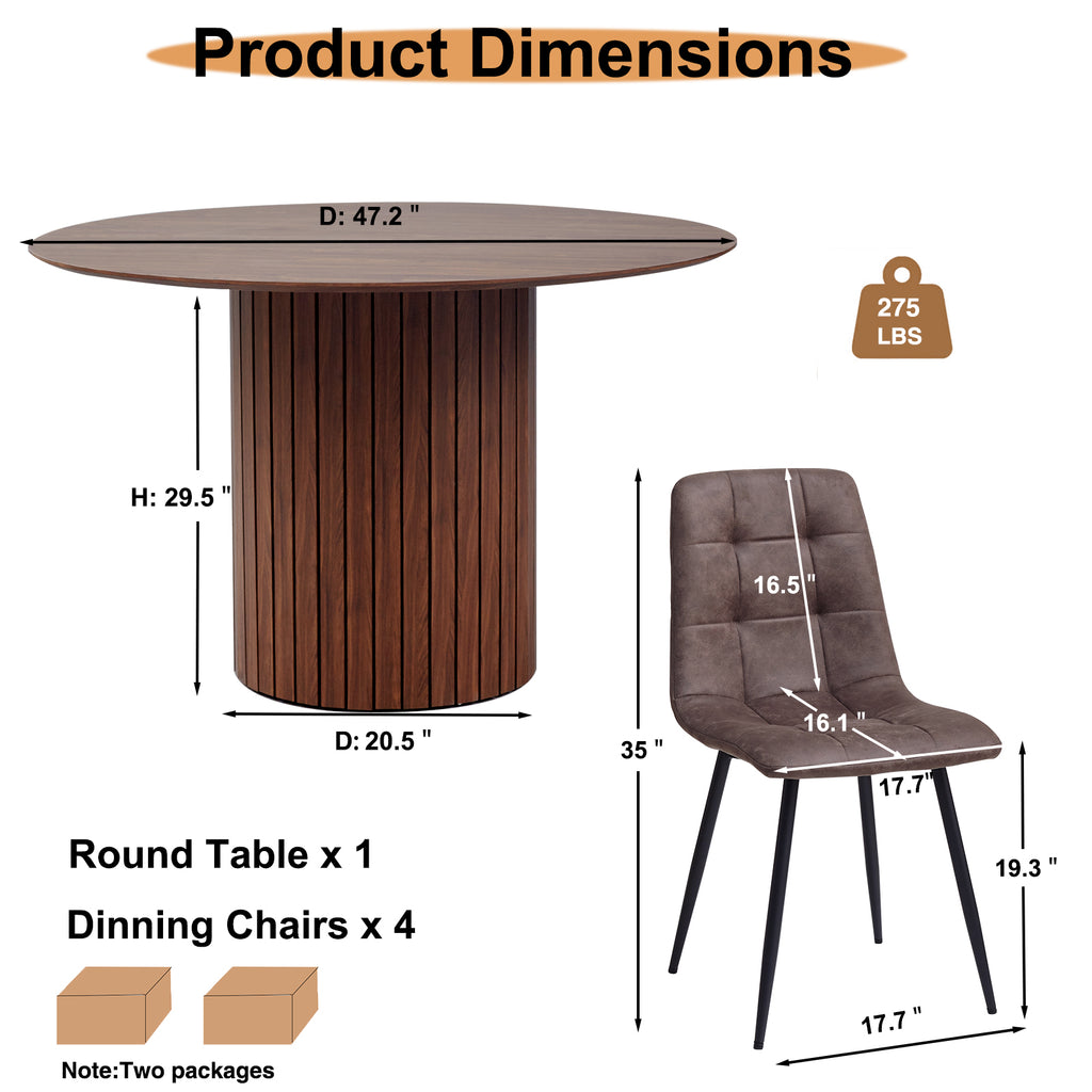 5 Piece Round Dining Table Set - Mid-Century 47 inch Dining Table with 4 Faux Leather Chairs Set, Dinner Table & Chair with Metal Legs for Kitchen Dining Room, Apartment, Bedroom, Brown