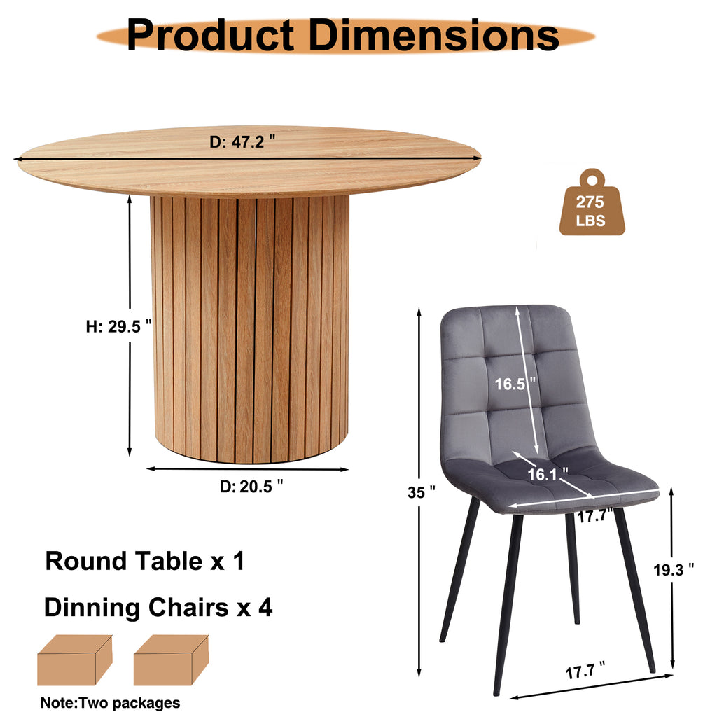 5 Piece Round Dining Table Set - Mid-Century 47 inch Oak Dining Table with 4 Gray Velvet Chairs Set, Dinner Table & Chair with Metal Legs for Kitchen Dining Room, Apartment, Bedroom