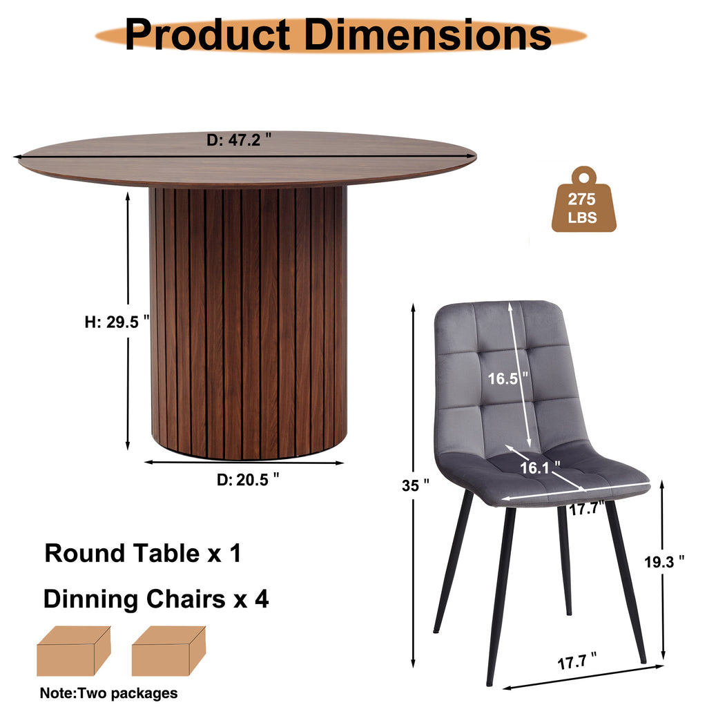5 Piece Round Dining Table Set - Mid-Century 47 inch Brown Dining Table with 4 Gray Velvet Chairs Set, Dinner Table & Chair with Metal Legs for Kitchen Dining Room, Apartment, Bedroom