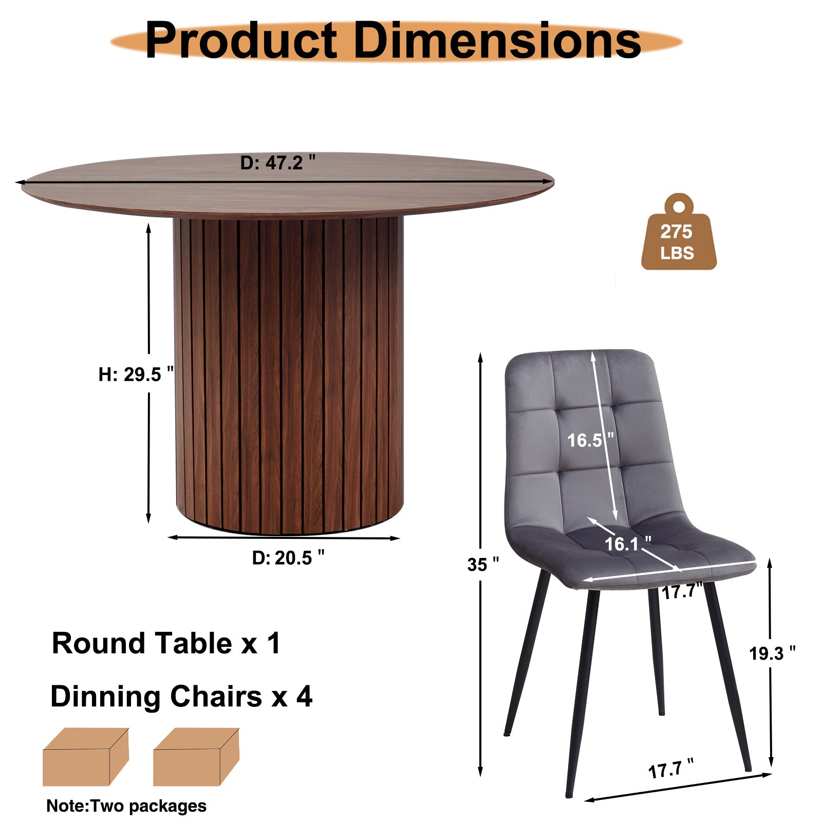 5 Piece Round Dining Table Set - Mid-Century 47 inch Brown Dining Table with 4 Gray Velvet Chairs Set, Dinner Table & Chair with Metal Legs for Kitchen Dining Room, Apartment, Bedroom